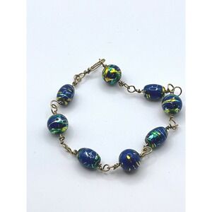 Bohemian Murano Styled Blue Glass Beaded Bracelet Gold Tone Clasp